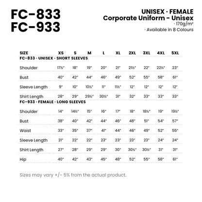 FC-833 | FC-933 size chart — measurements in inches for every cut