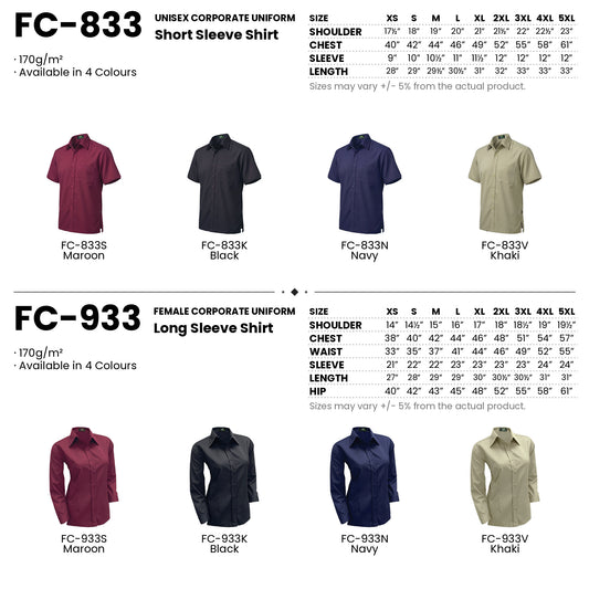 FC-833 | FC-933 size chart and all 8 colourways with codes and names
