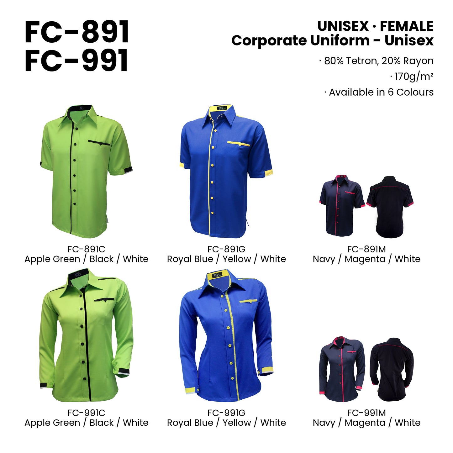 FC-891 | FC-991 — all 6 colourways with codes and names
