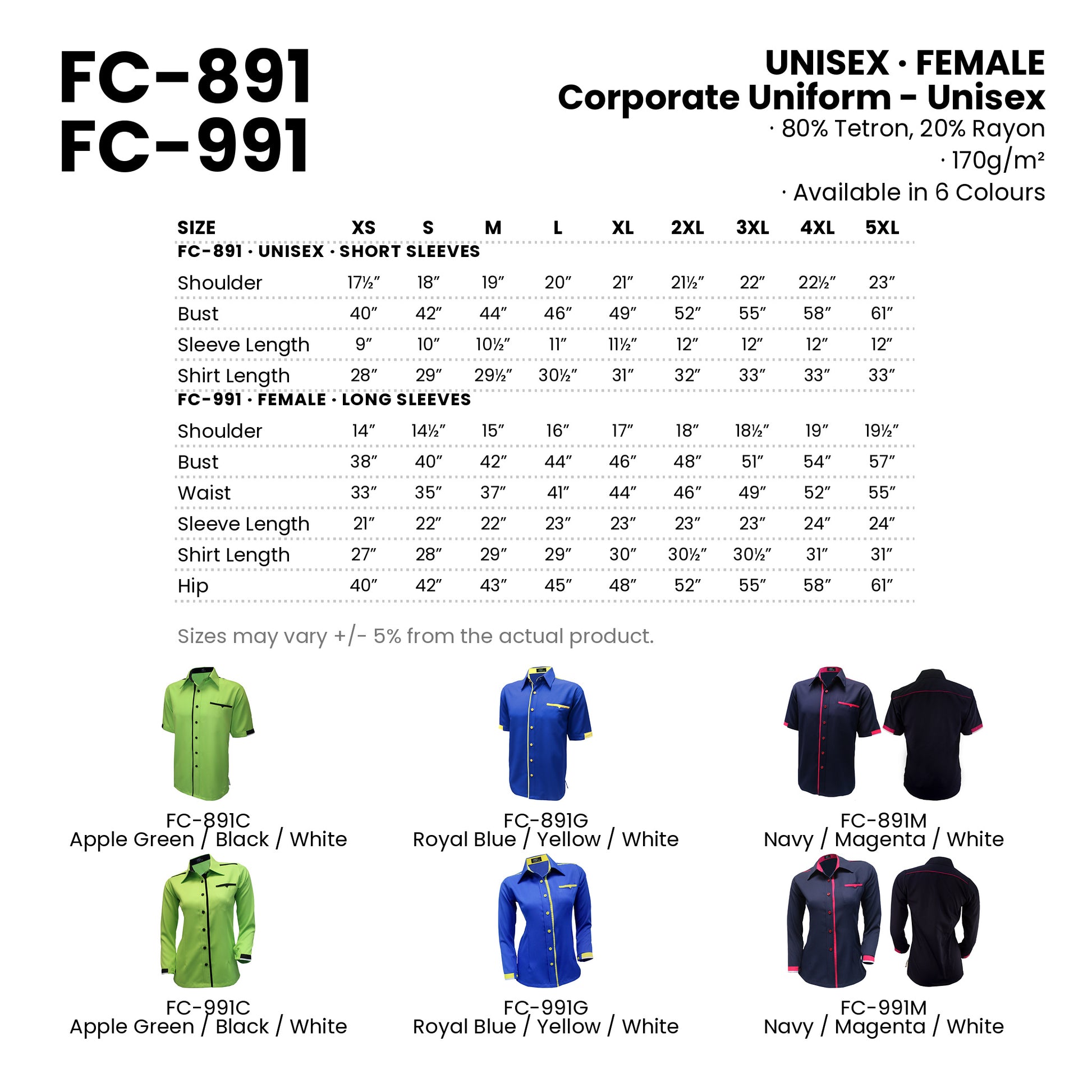 FC-891 | FC-991 size chart and all 6 colourways with codes and names