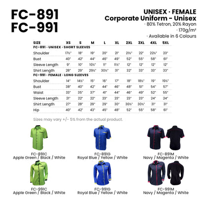FC-891 | FC-991 size chart and all 6 colourways with codes and names