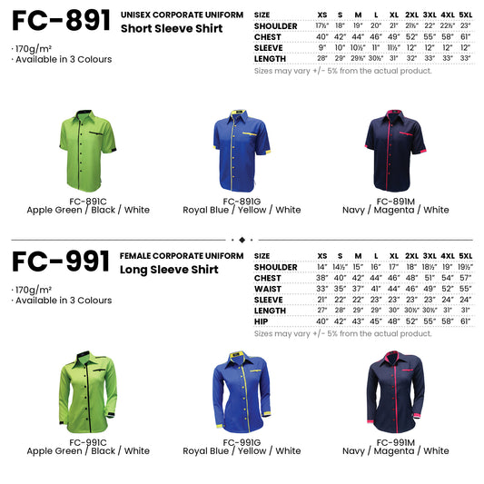 FC-891 | FC-991 size chart and all 6 colourways with codes and names