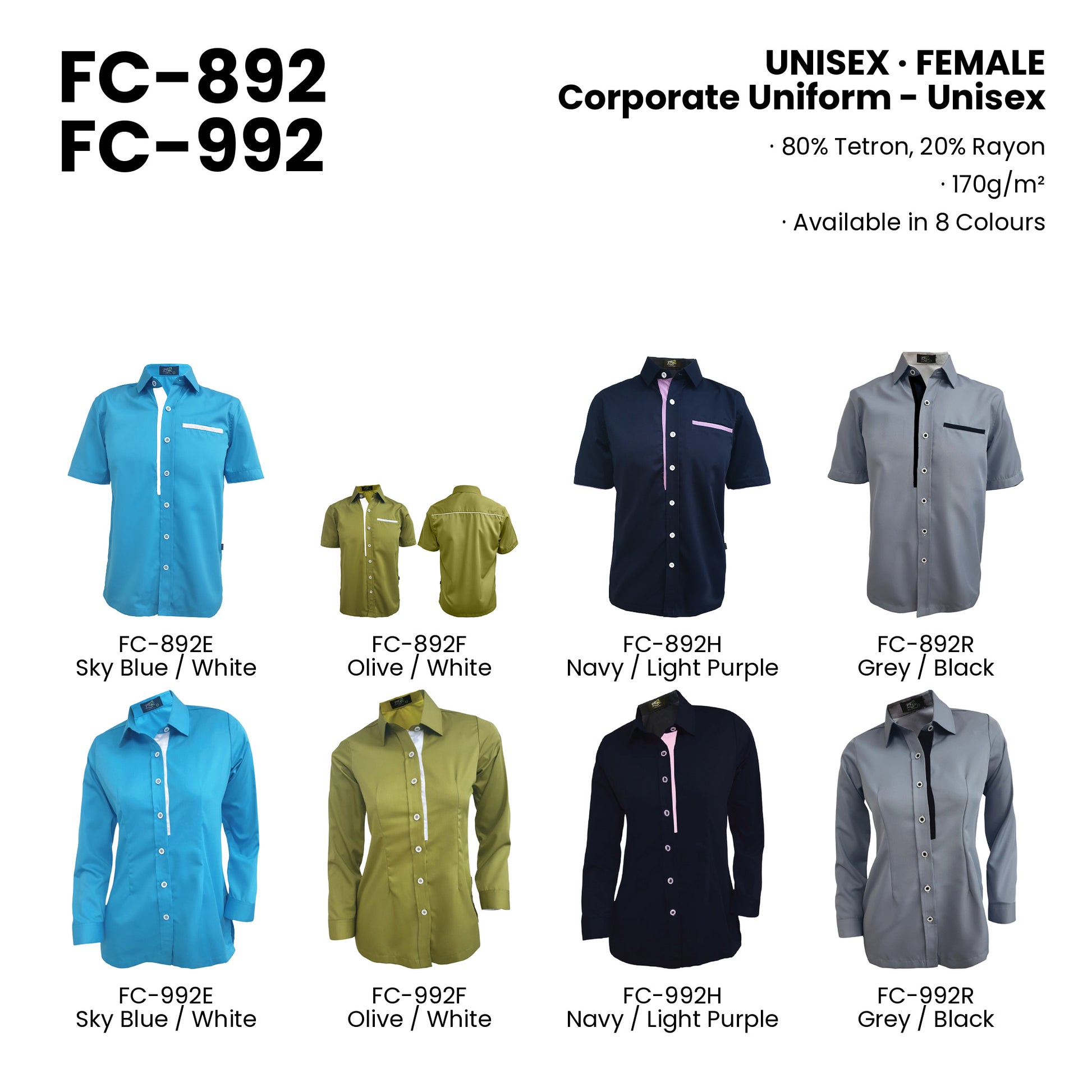 FC-892 | FC-992 — all 8 colourways with codes and names