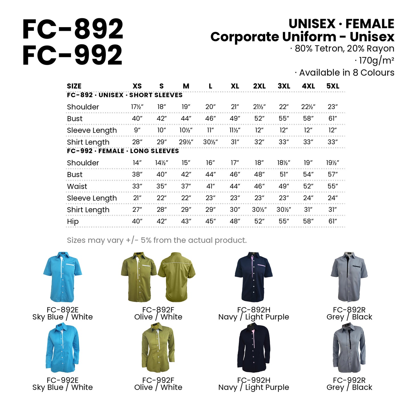 FC-892 | FC-992 size chart and all 8 colourways with codes and names