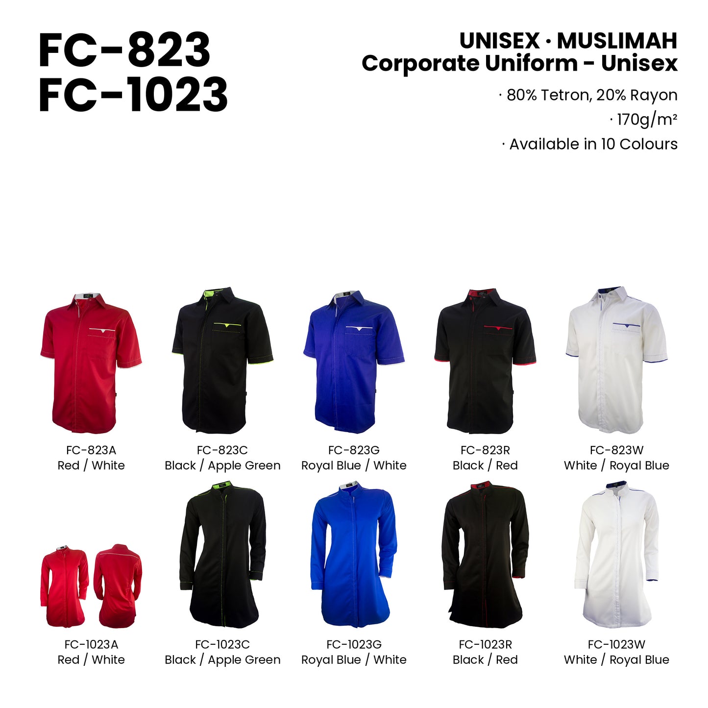 FC-823 | FC-1023 — all 10 colourways with codes and names