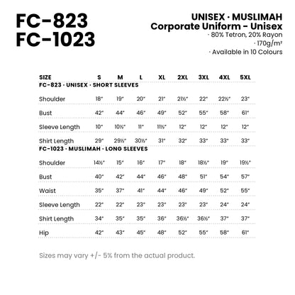 FC-823 | FC-1023 size chart — measurements in inches for every cut