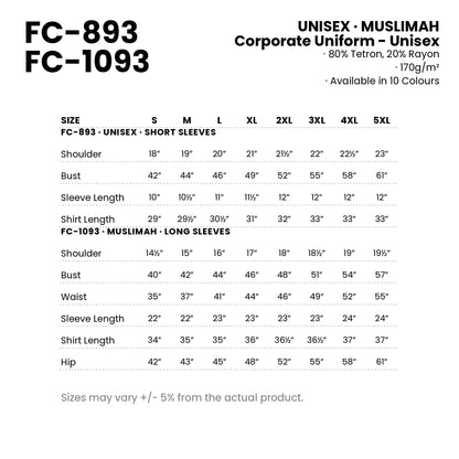 FC-893 | FC-1093 size chart — measurements in inches for every cut