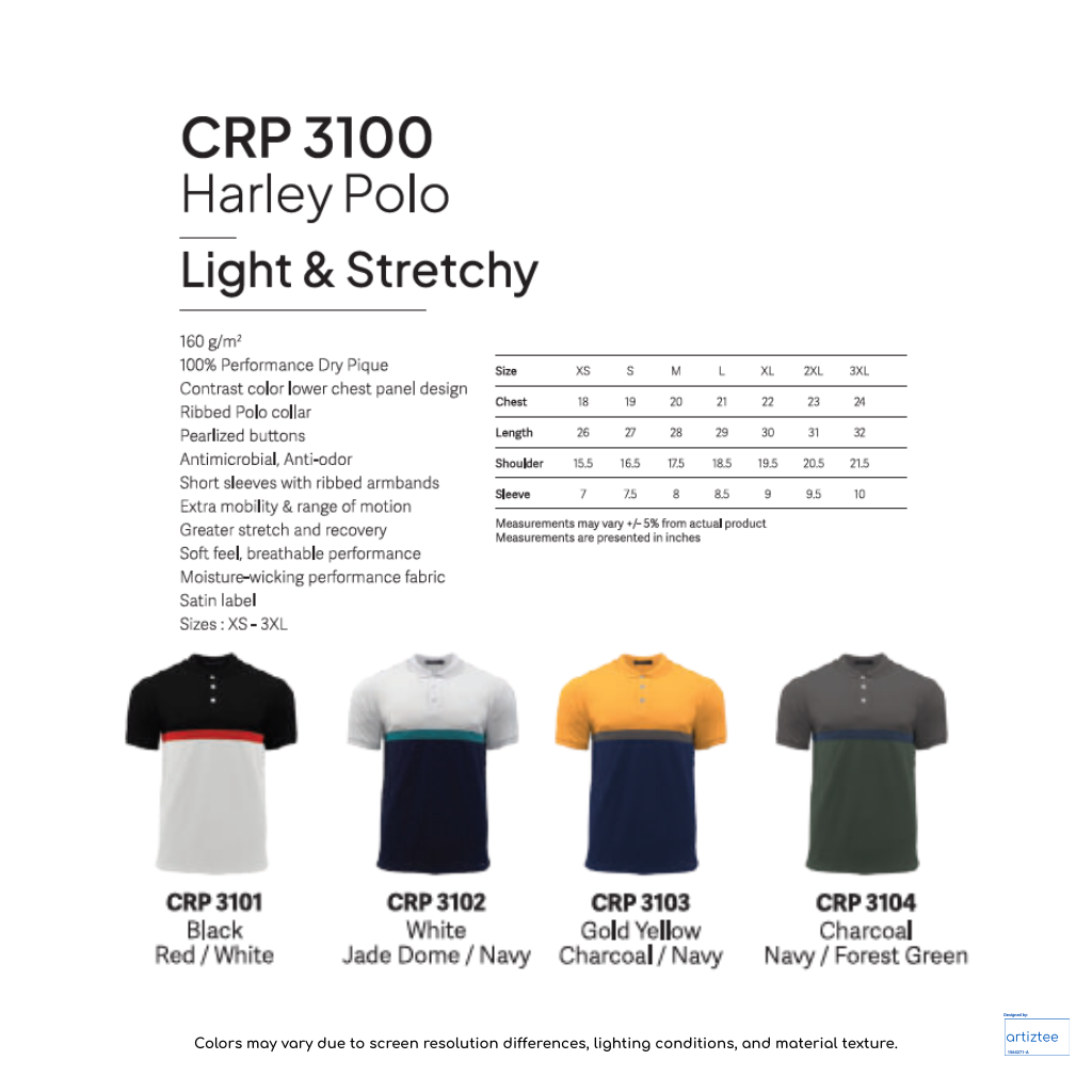 Harley light stretchy unisex polo 160gsm CRP3100 Artiztee Collection Size Chart