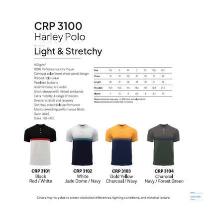 Harley light stretchy unisex polo 160gsm CRP3100 Artiztee Collection Size Chart