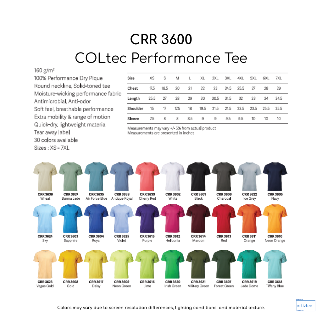 CRR3600 COLtec Performance Tee Unisex 160gsm Artiztee