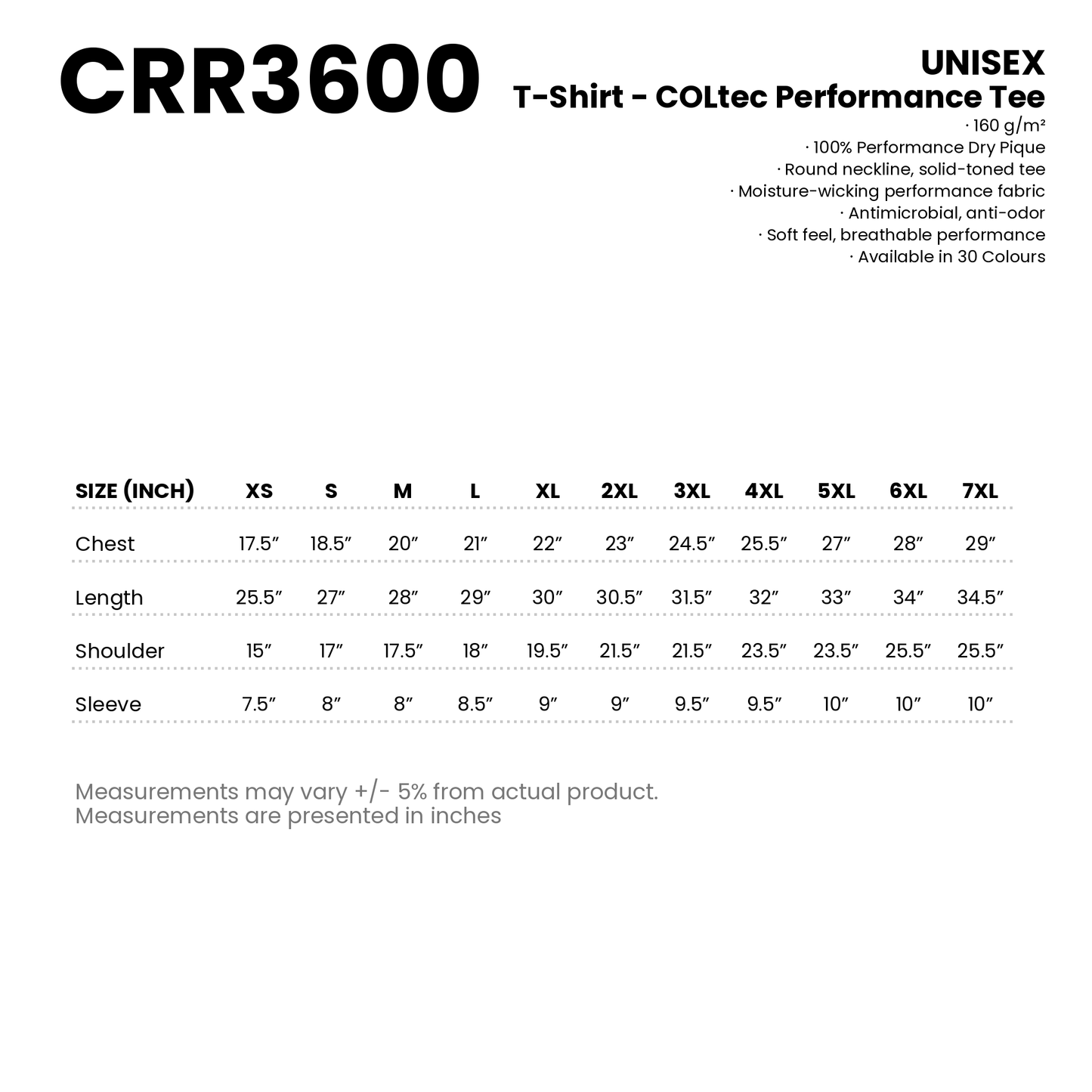 T-Shirt - COLtec Performance Tee | Unisex | 160gsm | CRR3600 | Artiztee | Size Chart