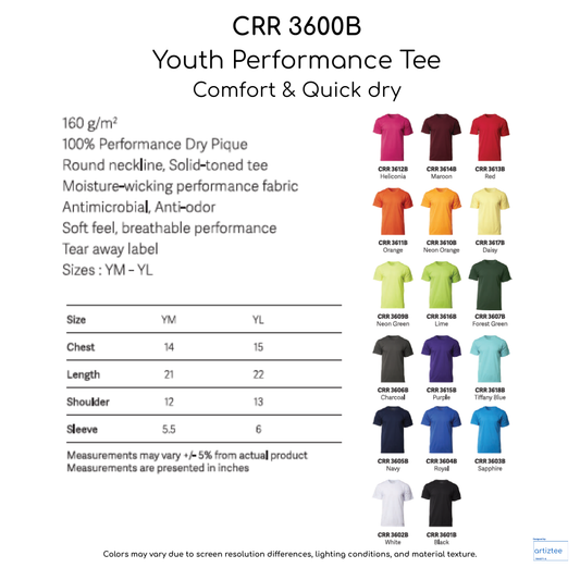 CRR3600B Youth Performance Tee 160gsm Unisex Artiztee Collection Size Chart