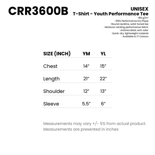 T-Shirt - Youth Performance Tee | Unisex | 160gsm | CRR3600B | Artiztee | Size Chart