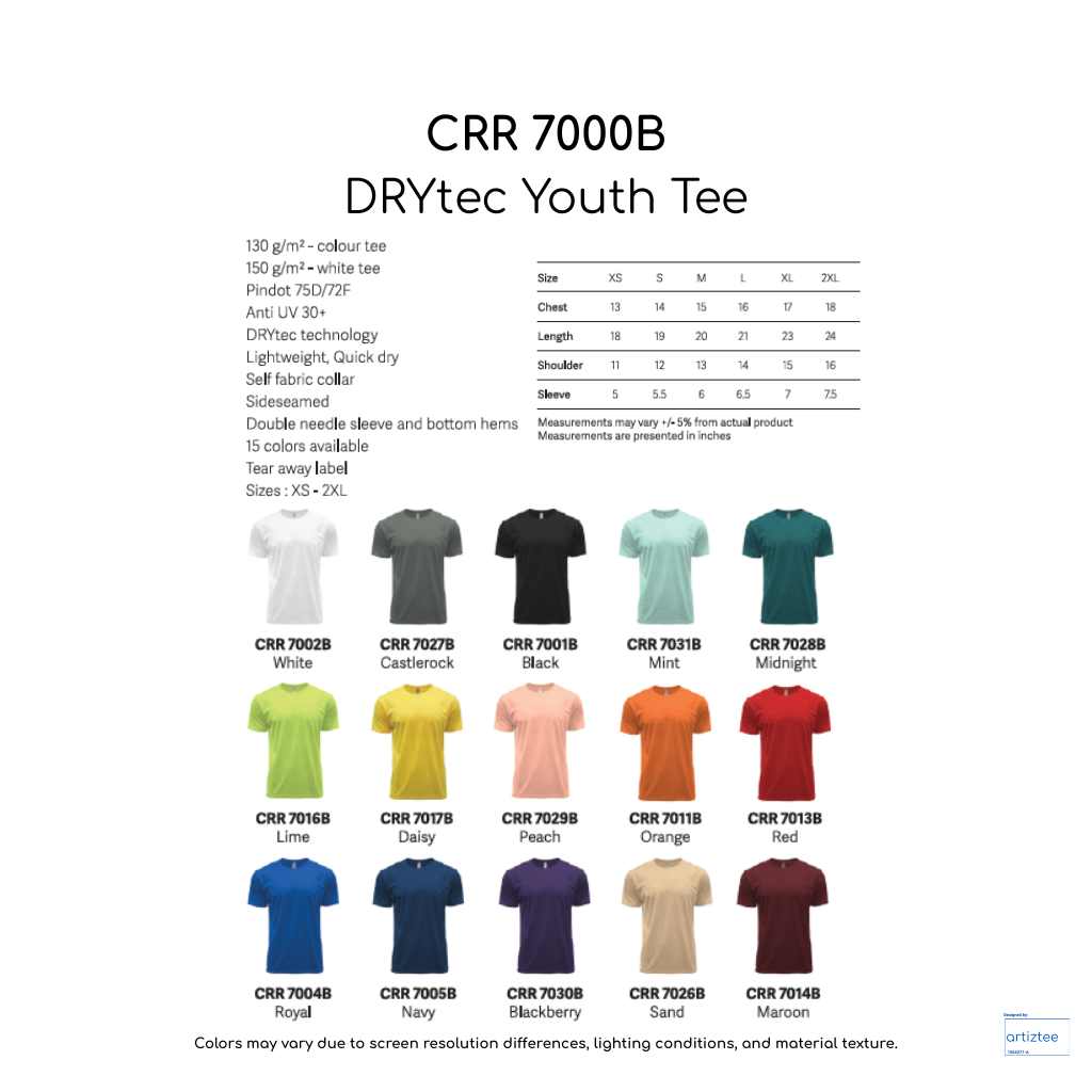 CRR7000B DRYtec Youth Tee Unisex 150gsm Artiztee Collection Size Chart