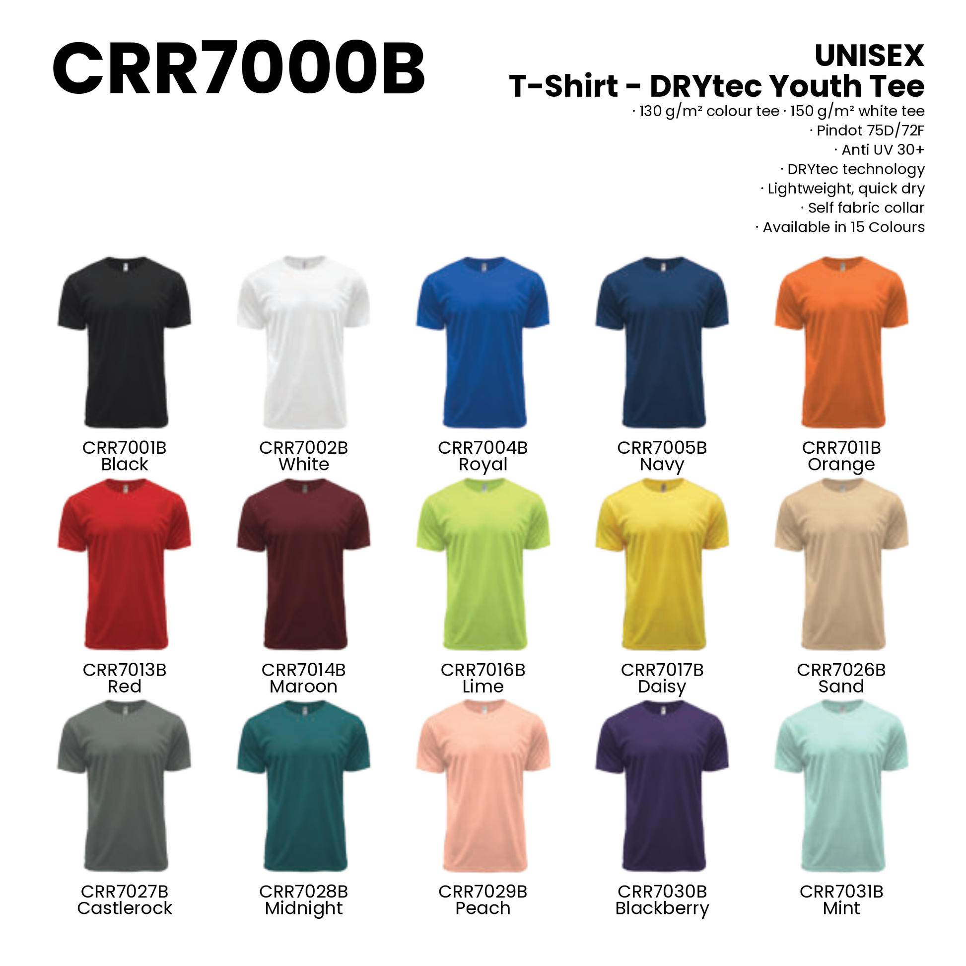 T-Shirt - DRYtec Youth Tee | Unisex | 150gsm | CRR7000B | Artiztee | Collection