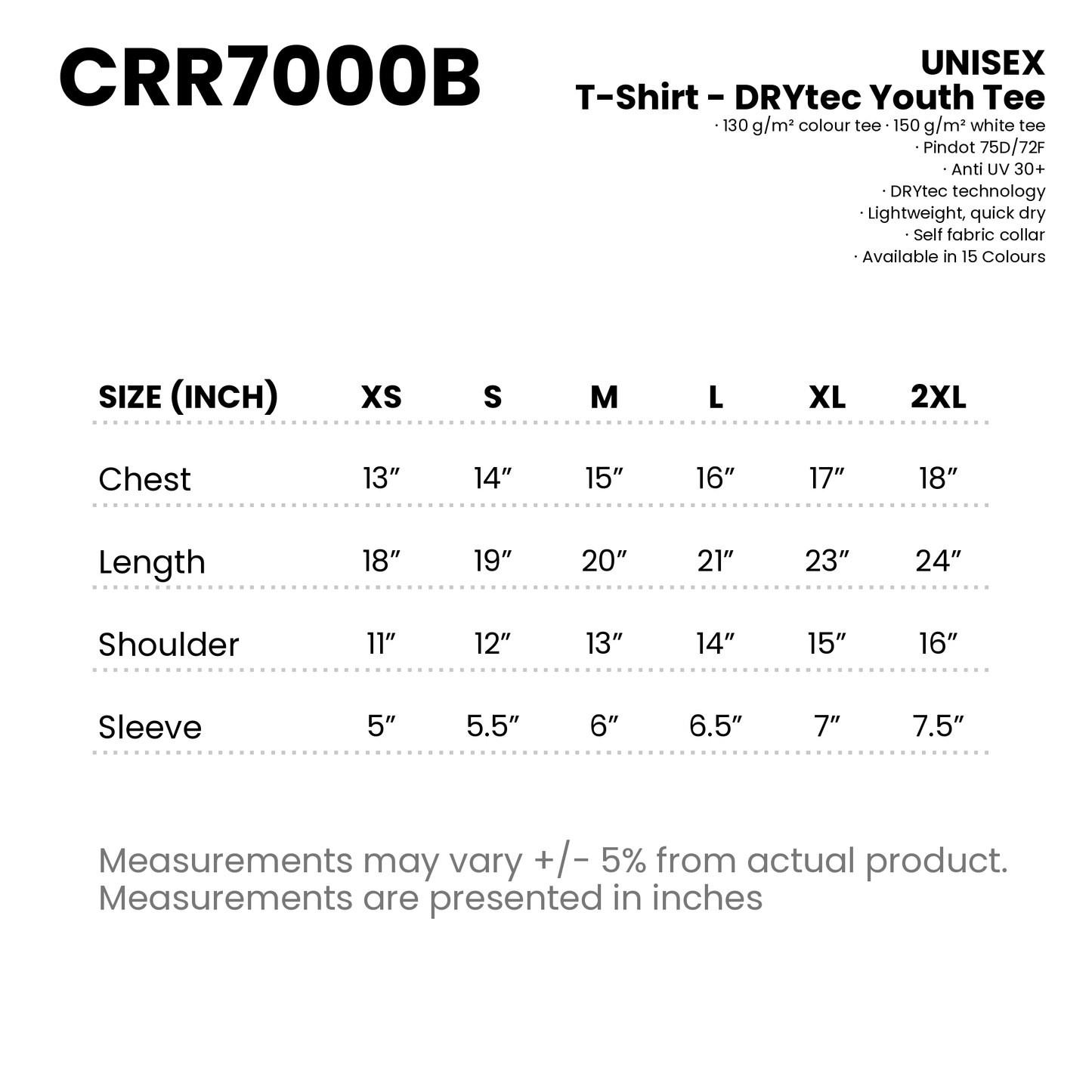 T-Shirt - DRYtec Youth Tee | Unisex | 150gsm | CRR7000B | Artiztee | Size Chart
