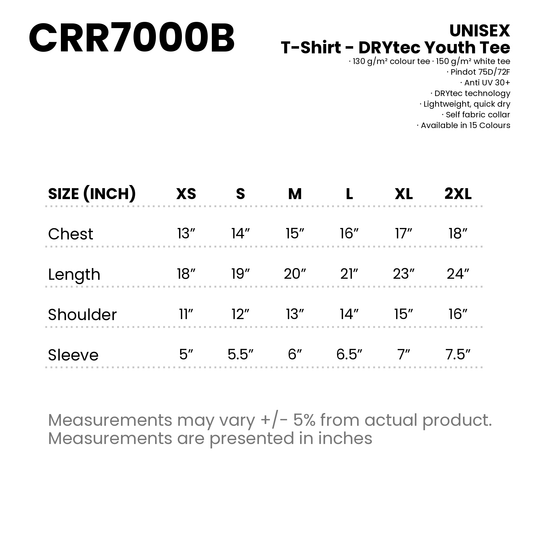 T-Shirt - DRYtec Youth Tee | Unisex | 150gsm | CRR7000B | Artiztee | Size Chart