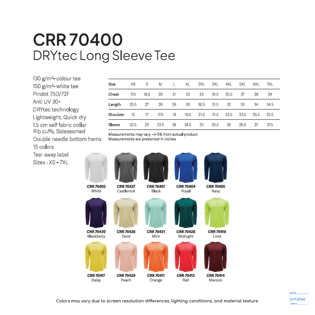 crr70400 drytec long sleeve tee 150gsm unisex artiztee collection size chart