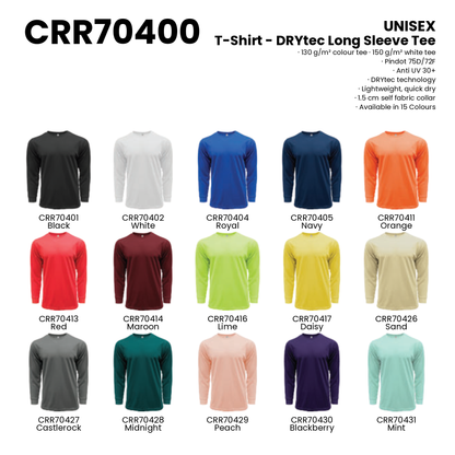 T-Shirt - DRYtec Long Sleeve Tee | Unisex | 150gsm | CRR70400 | Artiztee | Collection