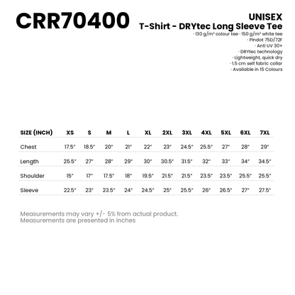 T-Shirt - DRYtec Long Sleeve Tee | Unisex | 150gsm | CRR70400 | Artiztee | Size Chart