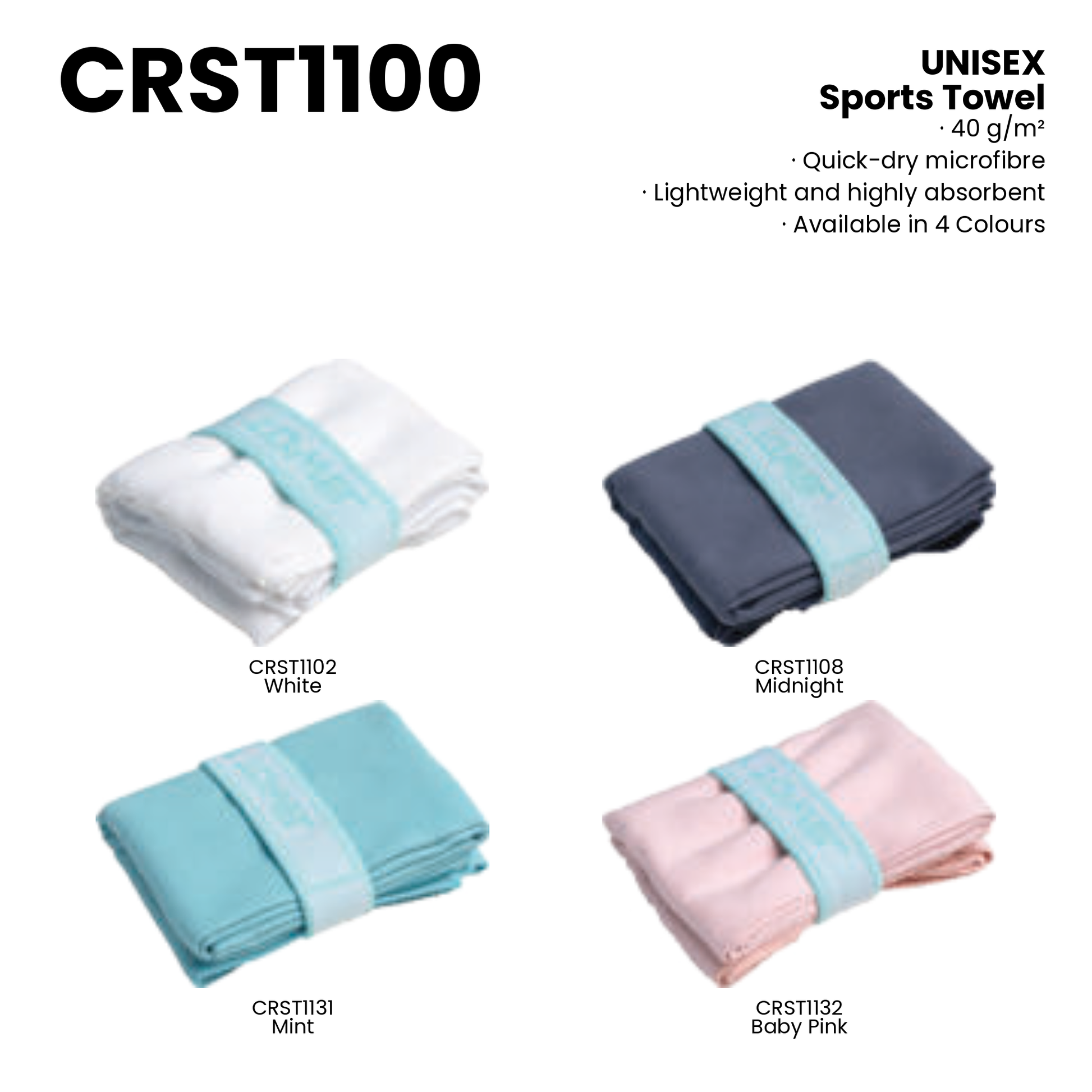 Sports Towel | Quick Dry | 40gsm | CRST1100 | Artiztee | Collection | Size Chart