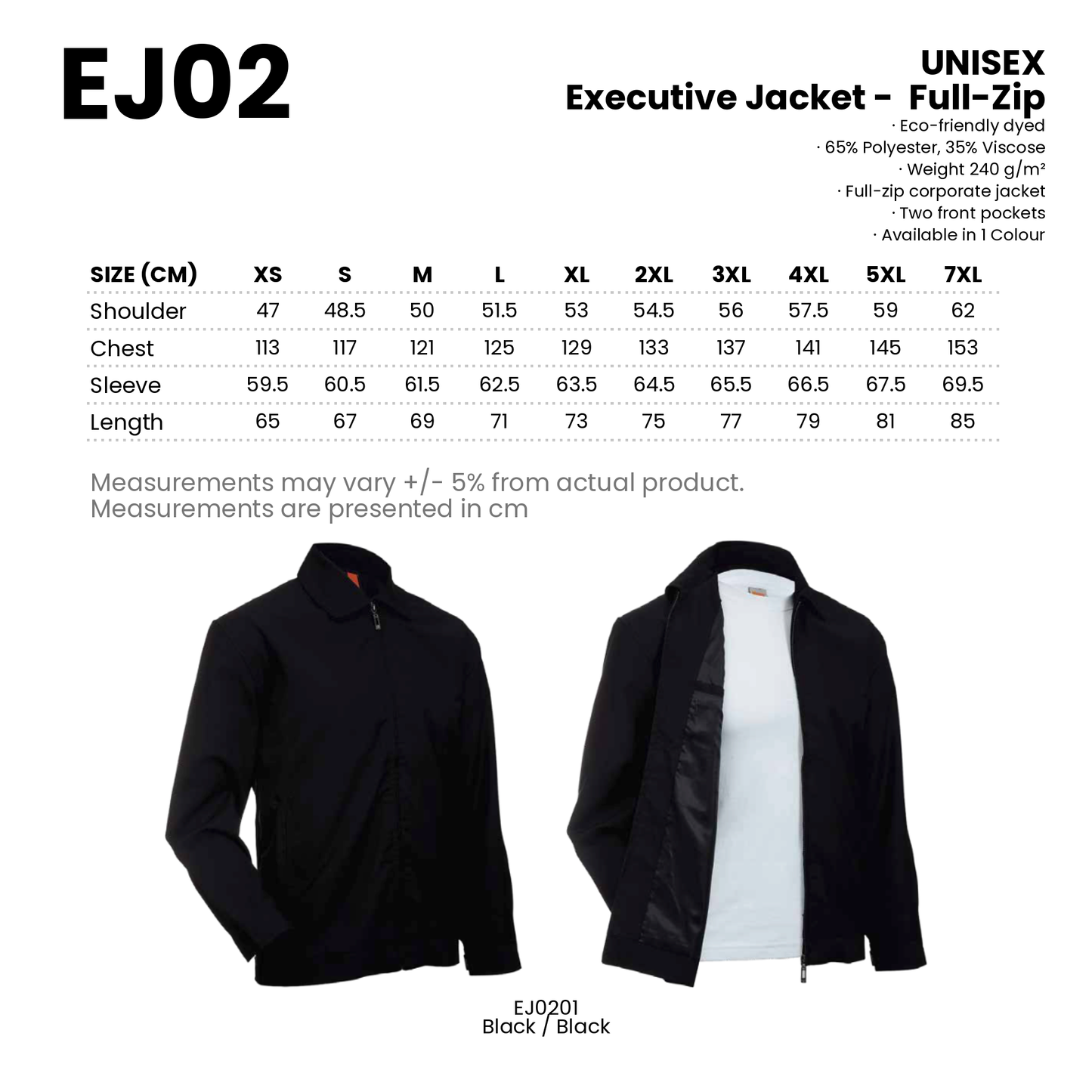 Executive Jacket -  Full-Zip | 2 Pockets | Unisex | EJ02 | Artiztee | Collection | Size Chart
