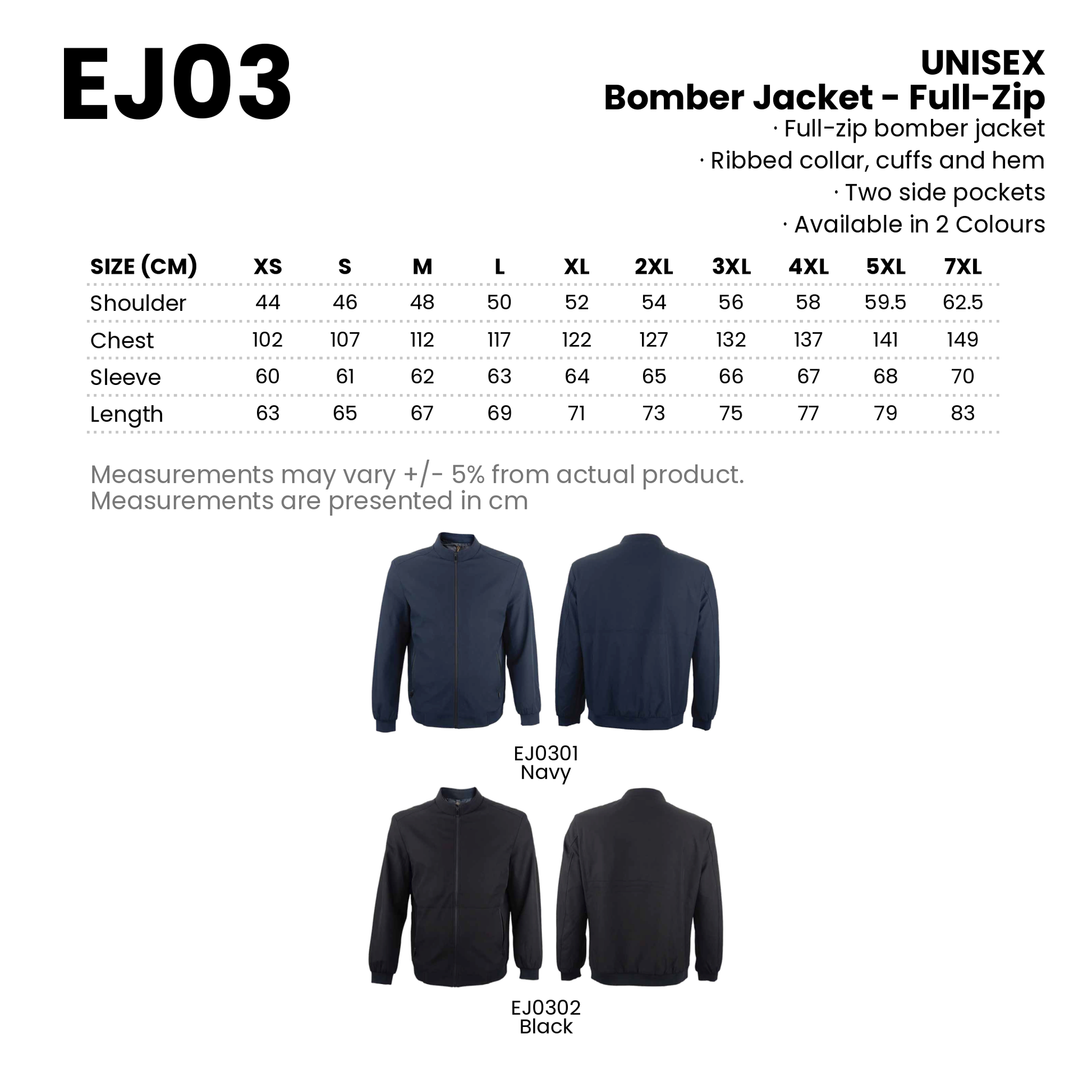 Bomber Jacket - Full-Zip | Unisex | 200gsm | EJ03 | Artiztee | Collection | Size Chart