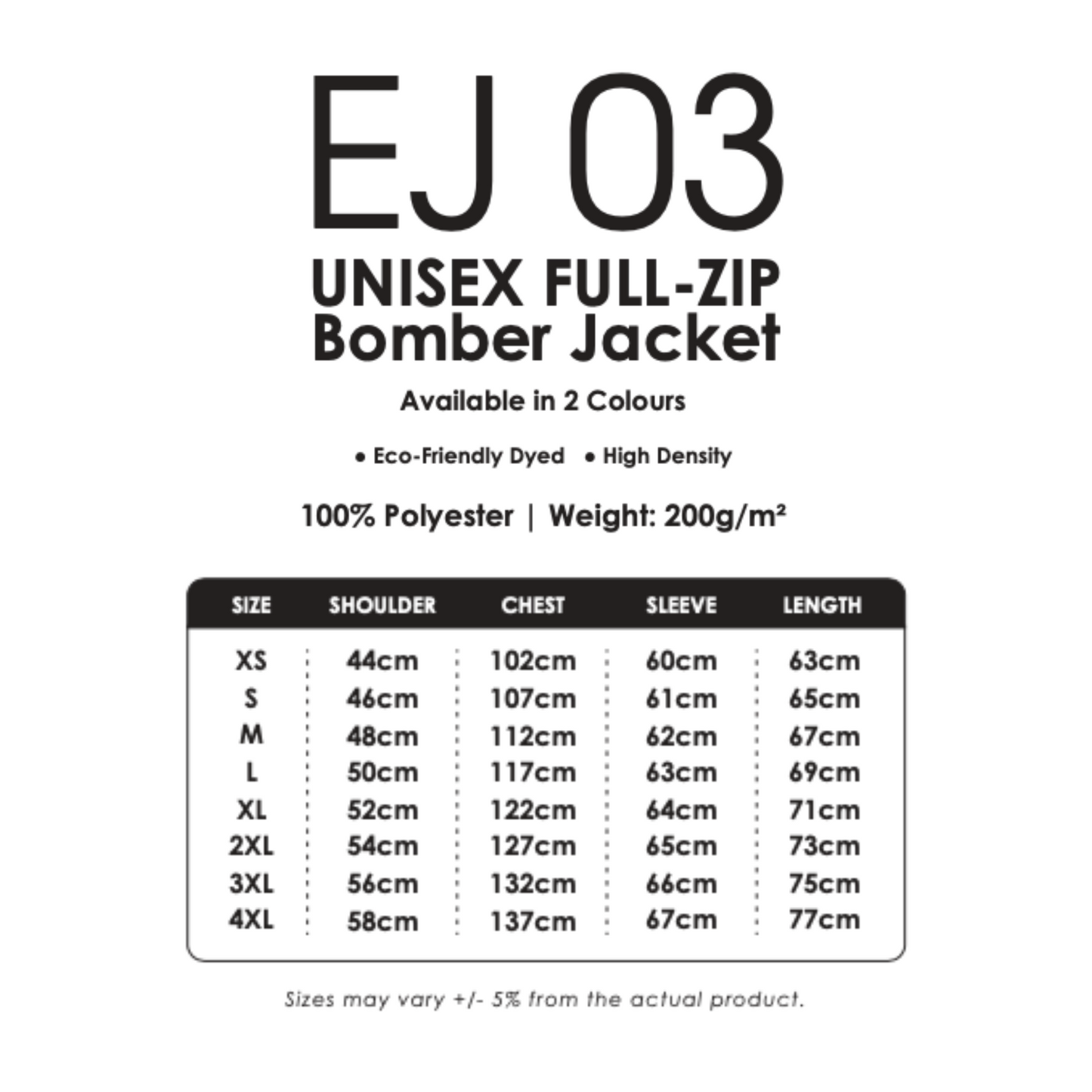 ej03-bomber-jacket-unisex-full-zip-size-chart