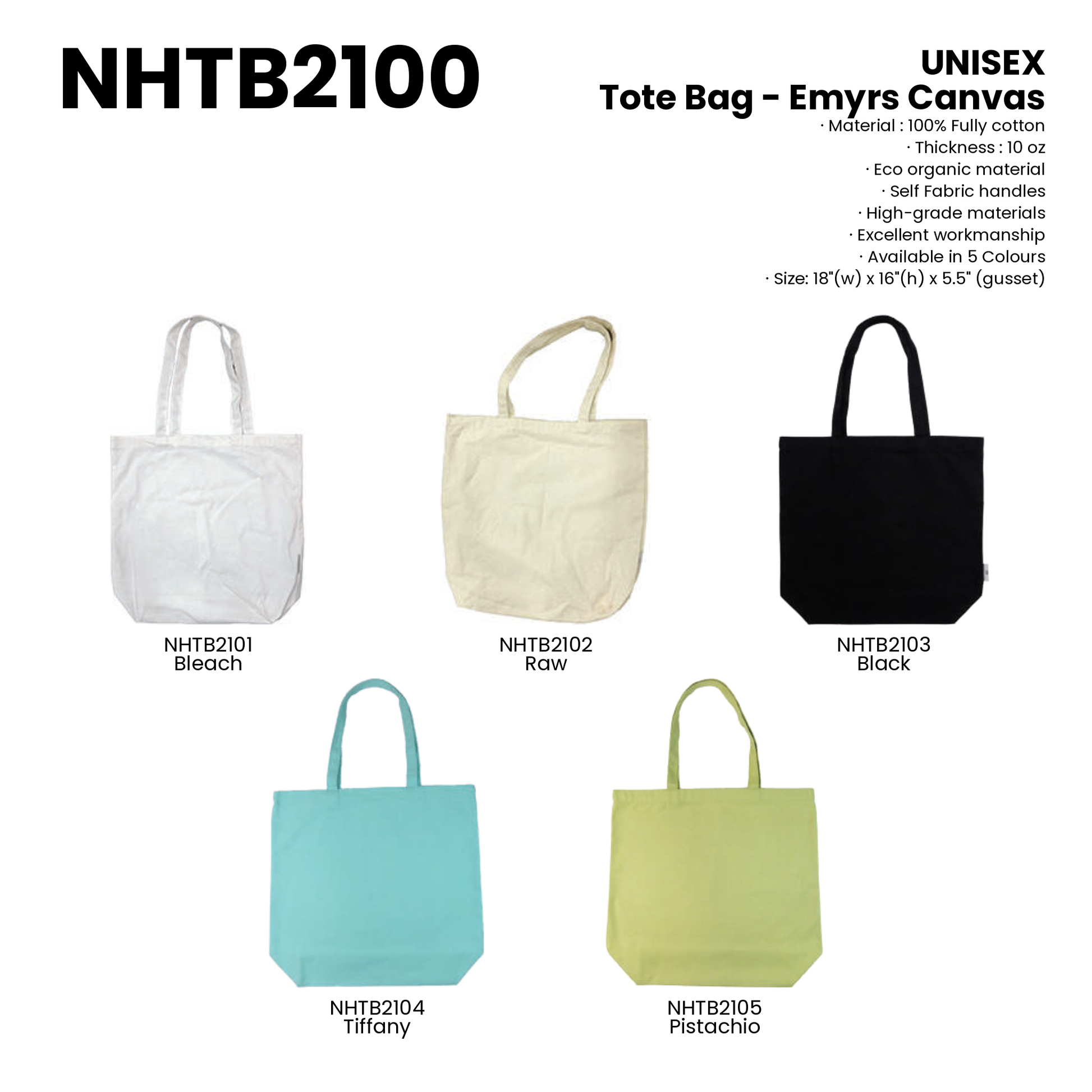 Tote Bag - Emyrs Canvas | Cotton | 18"(W)x16"(H) | NHTB2100 | Artiztee | Collection | Size Chart