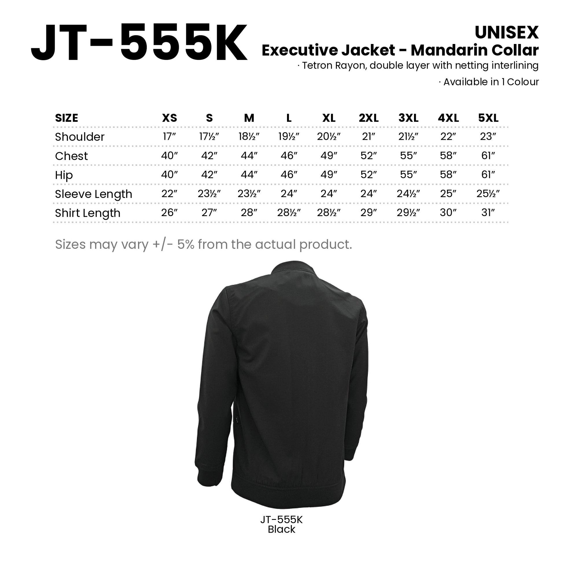JT-555K size chart and all 1 colourway with codes and names