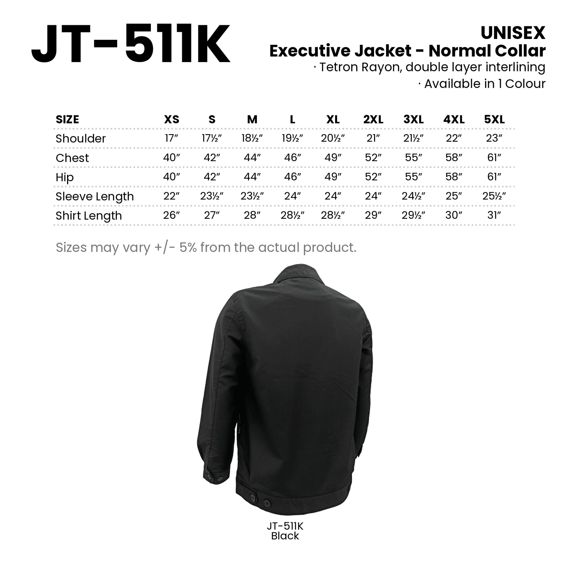 JT-511K size chart and all 1 colourway with codes and names