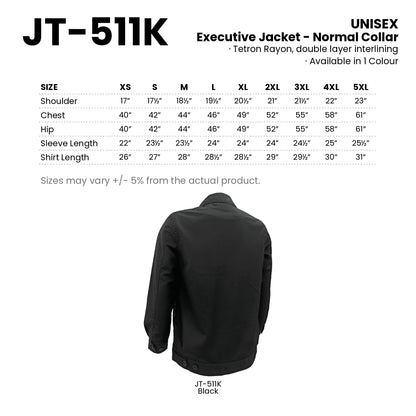 JT-511K size chart and all 1 colourway with codes and names