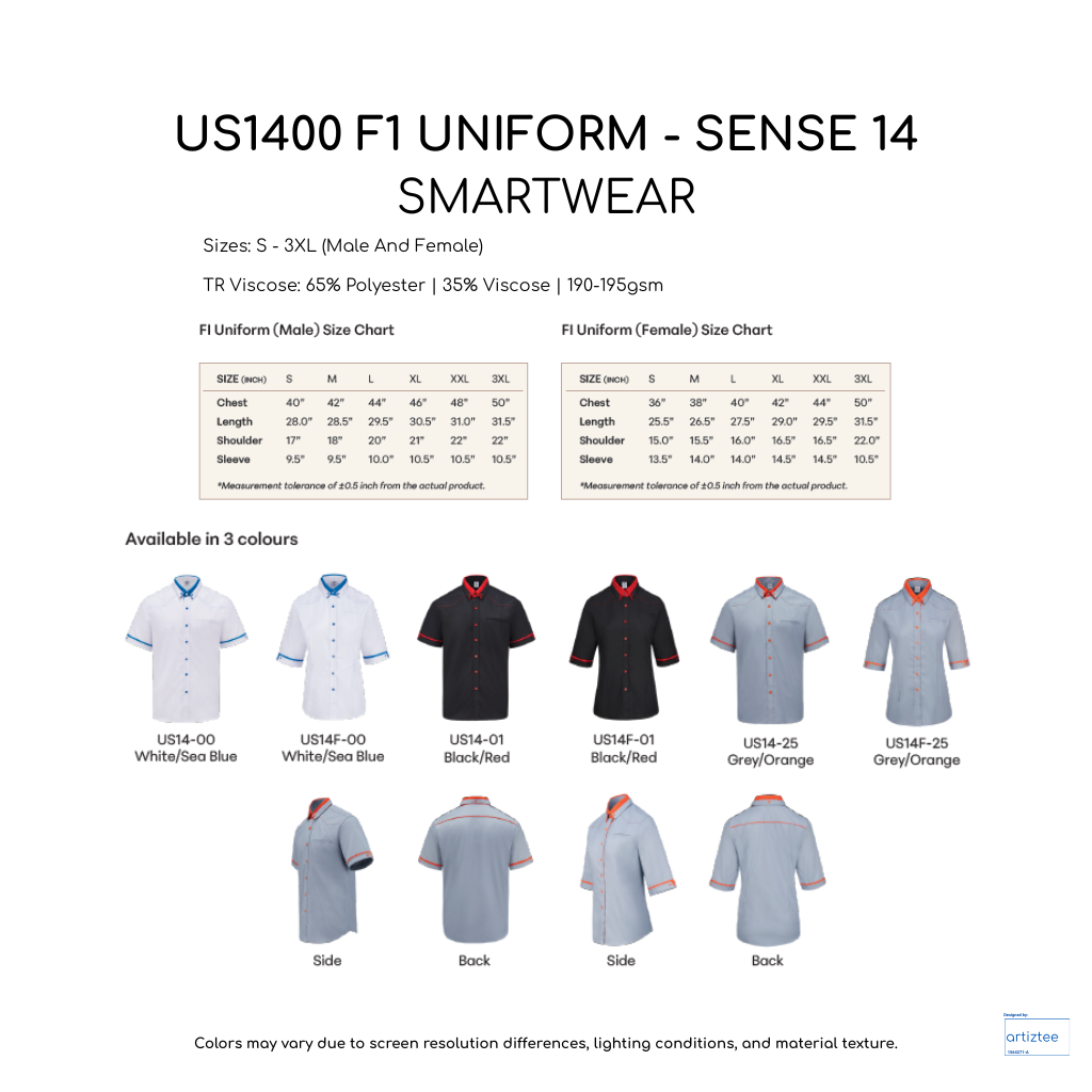 F1 Uniform Sense 14 Smartwear US1400 Collection Size Chart 190gsm TR Viscose | Artiztee