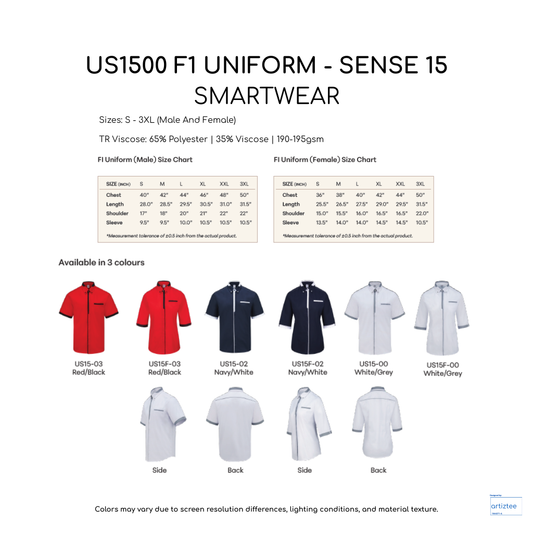 F1 Uniform Sense 15 Smartwear US1500 Collection Size Chart 190gsm TR Viscose