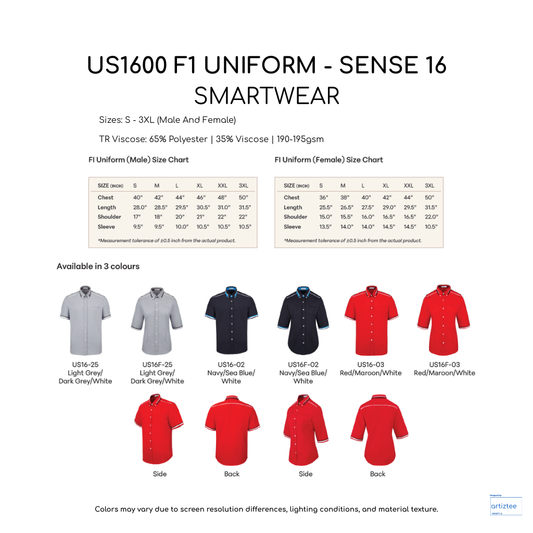 F1 Uniform Sense 16 Smartwear US1600 Collection Size Chart Unisex 190gsm TR Viscose