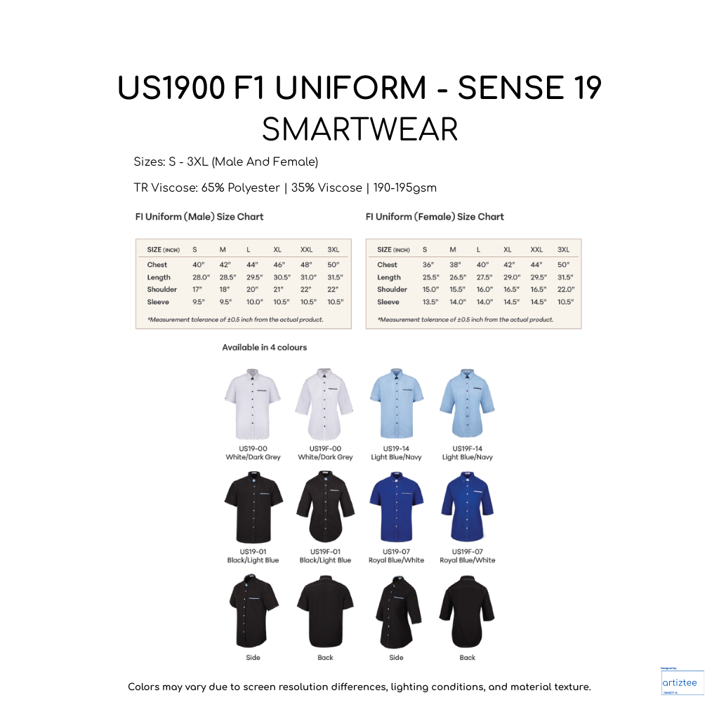 F1 Uniform Sense 19 Smartwear Unisex collection size chart Artiztee