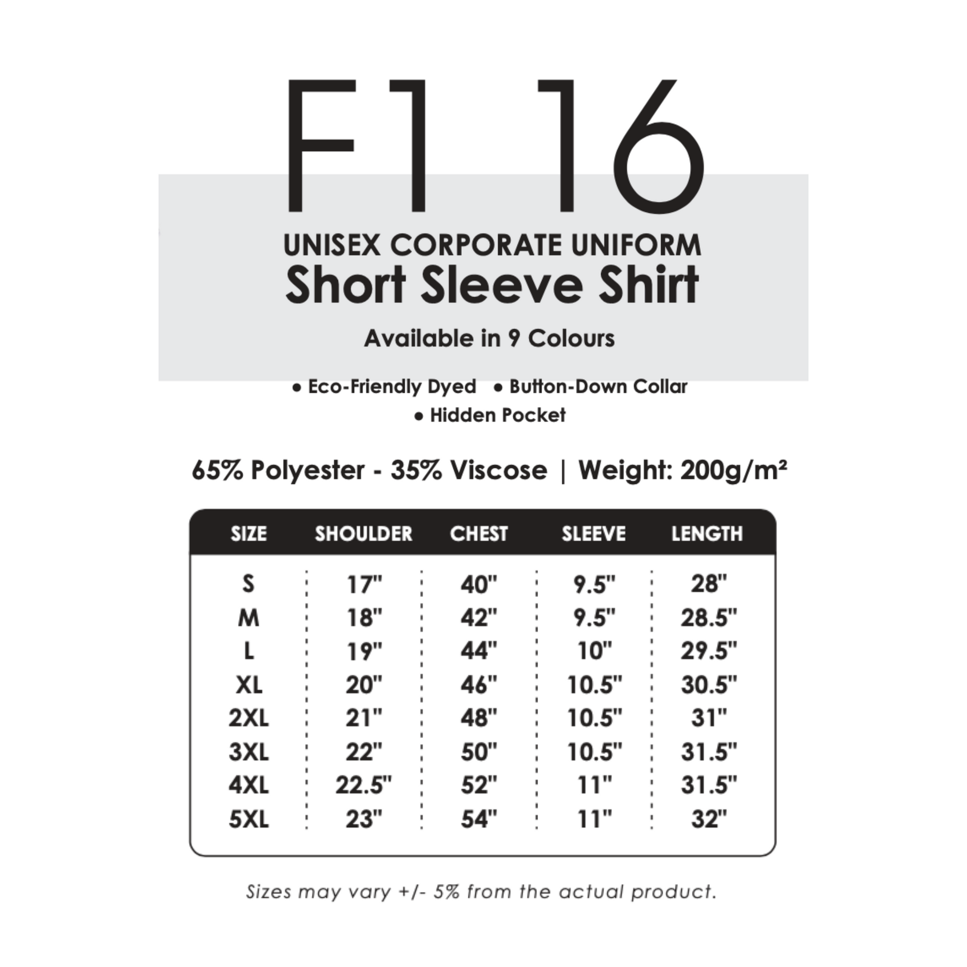 Uniform -  Corporate | Unisex | Short Sleeve | 200gsm | F116 | Size Chart