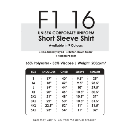 Uniform -  Corporate | Unisex | Short Sleeve | 200gsm | F116 | Size Chart
