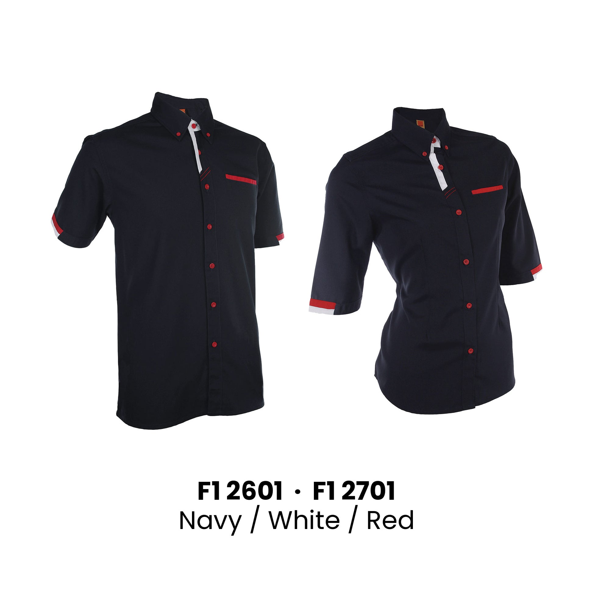 F1 2601 unisex short sleeve and F1 2701 female 3/4 sleeve corporate uniform shirts in Navy White Red, 200gsm