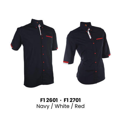 F1 2601 unisex short sleeve and F1 2701 female 3/4 sleeve corporate uniform shirts in Navy White Red, 200gsm