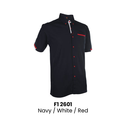F1 2601 Navy White Red unisex short sleeve corporate uniform shirt 200gsm