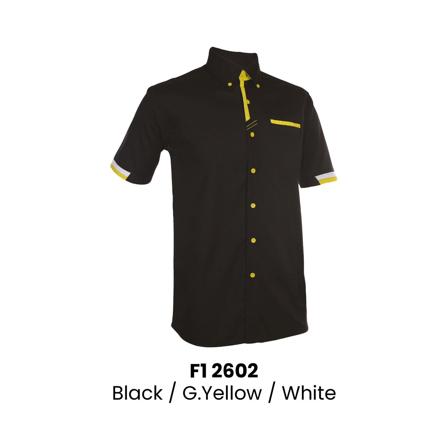 F1 2602 Black G.Yellow White unisex short sleeve corporate uniform shirt 200gsm