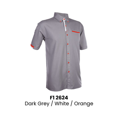 F1 2624 Dark Grey White Orange unisex short sleeve corporate uniform shirt 200gsm