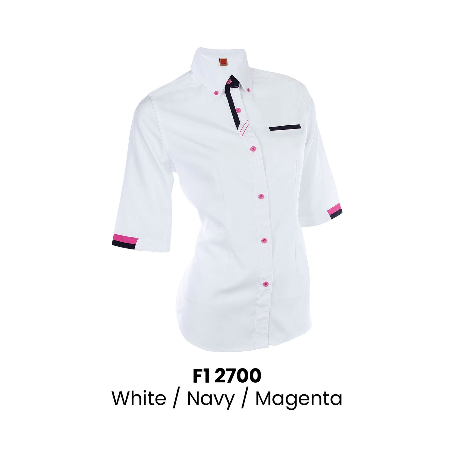 F1 2700 White Navy Magenta female 3/4 sleeve corporate uniform shirt 200gsm