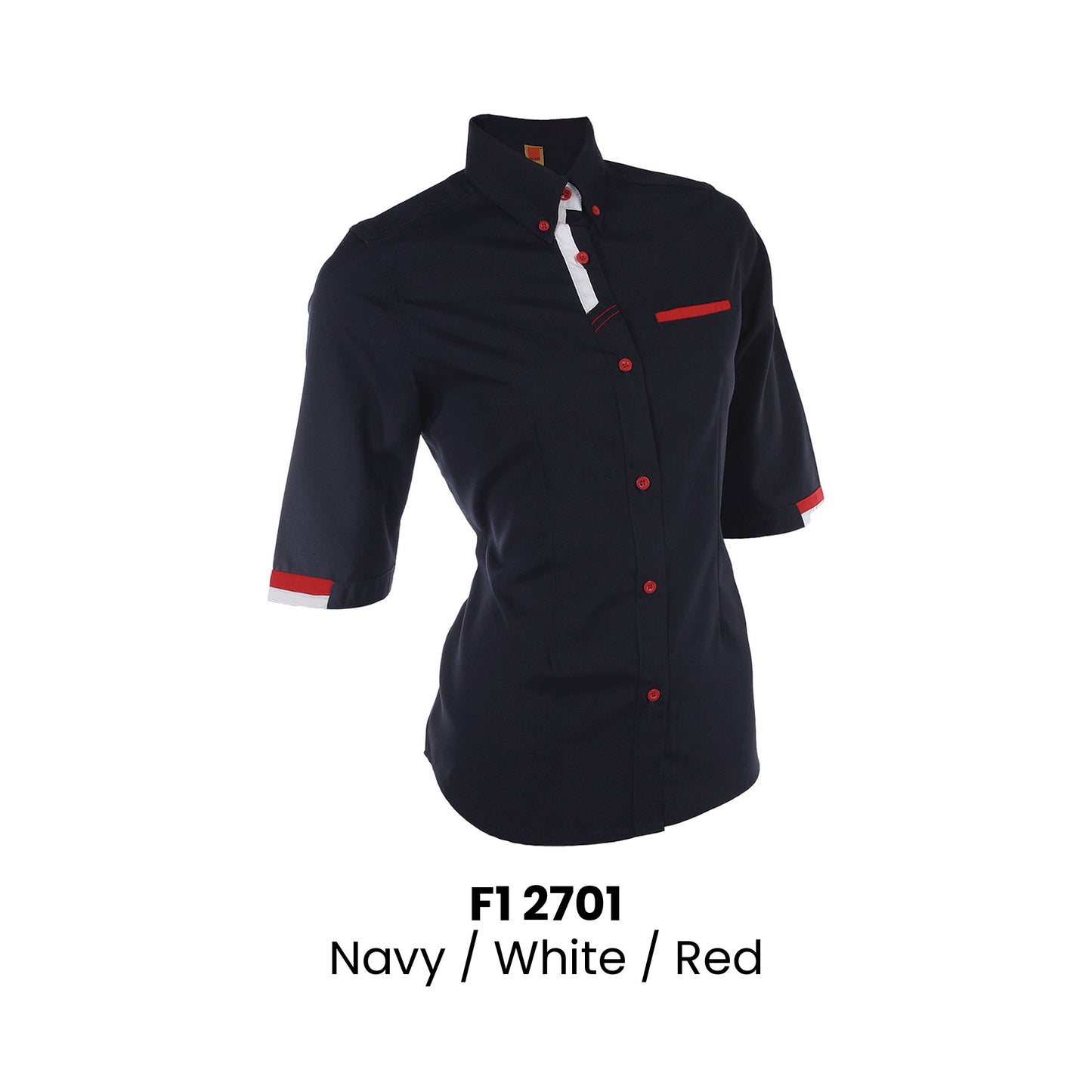 F1 2701 Navy White Red female 3/4 sleeve corporate uniform shirt 200gsm