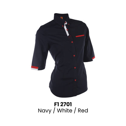 F1 2701 Navy White Red female 3/4 sleeve corporate uniform shirt 200gsm