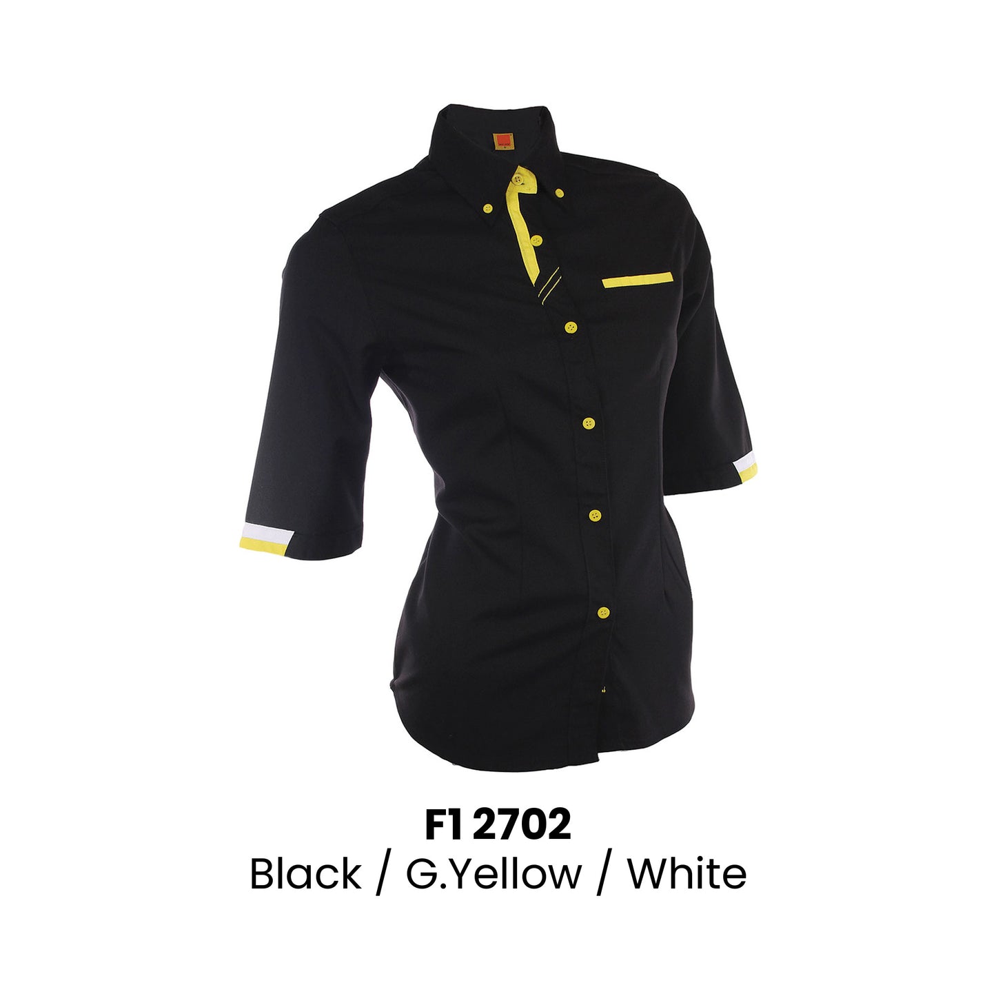F1 2702 Black G.Yellow White female 3/4 sleeve corporate uniform shirt 200gsm