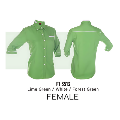 f13513-custom-uniform-female-corporate-34-sleeve-plain-lime-green-white-forest-green