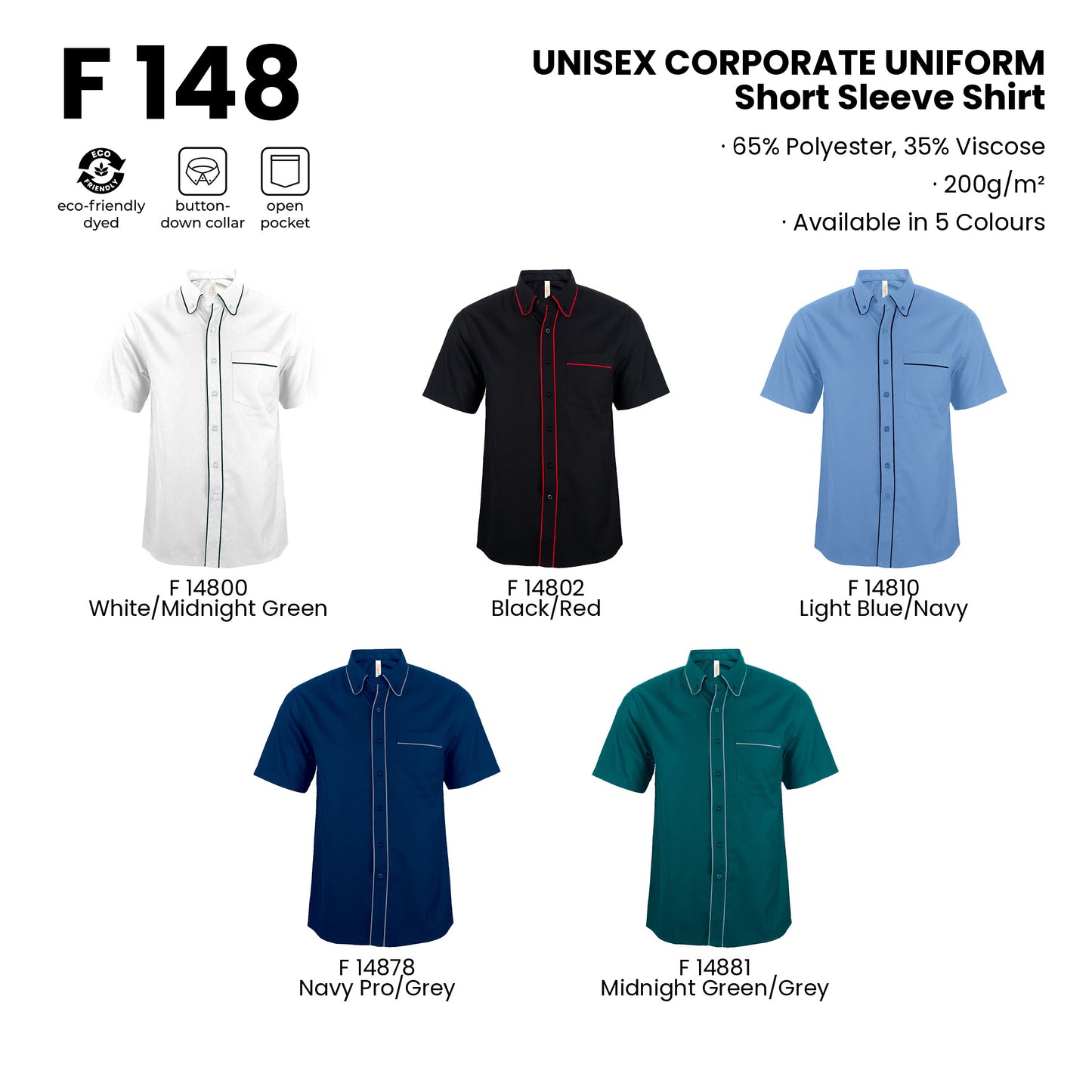 F148 product details - fabric, features and all 5 colours