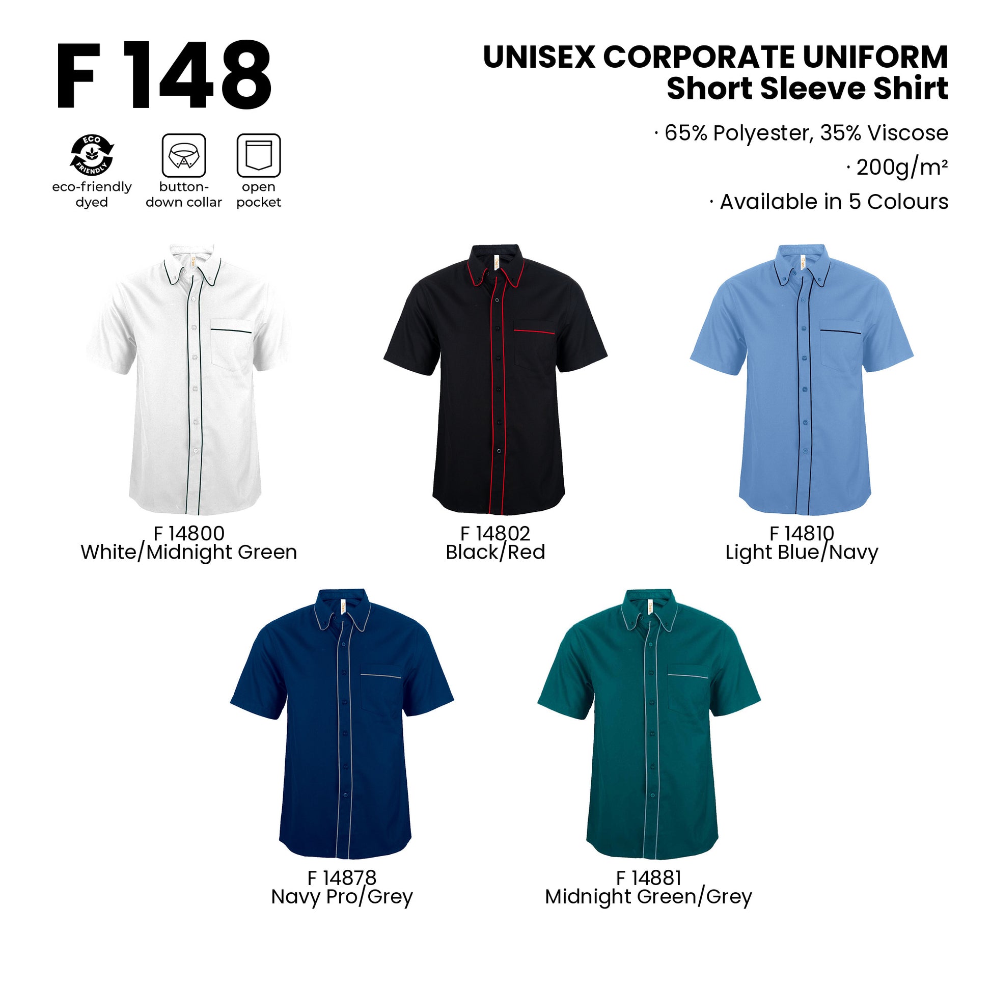 F148 product details - fabric, features and all 5 colours